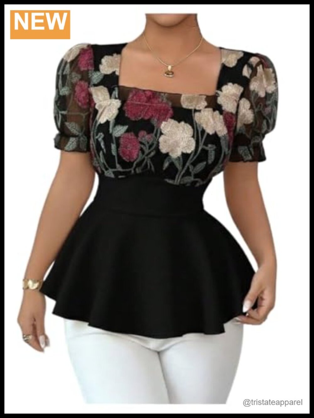 Women's Floral Embroidered Peplum Babydoll Cinched Waist Blouse, Square Neck